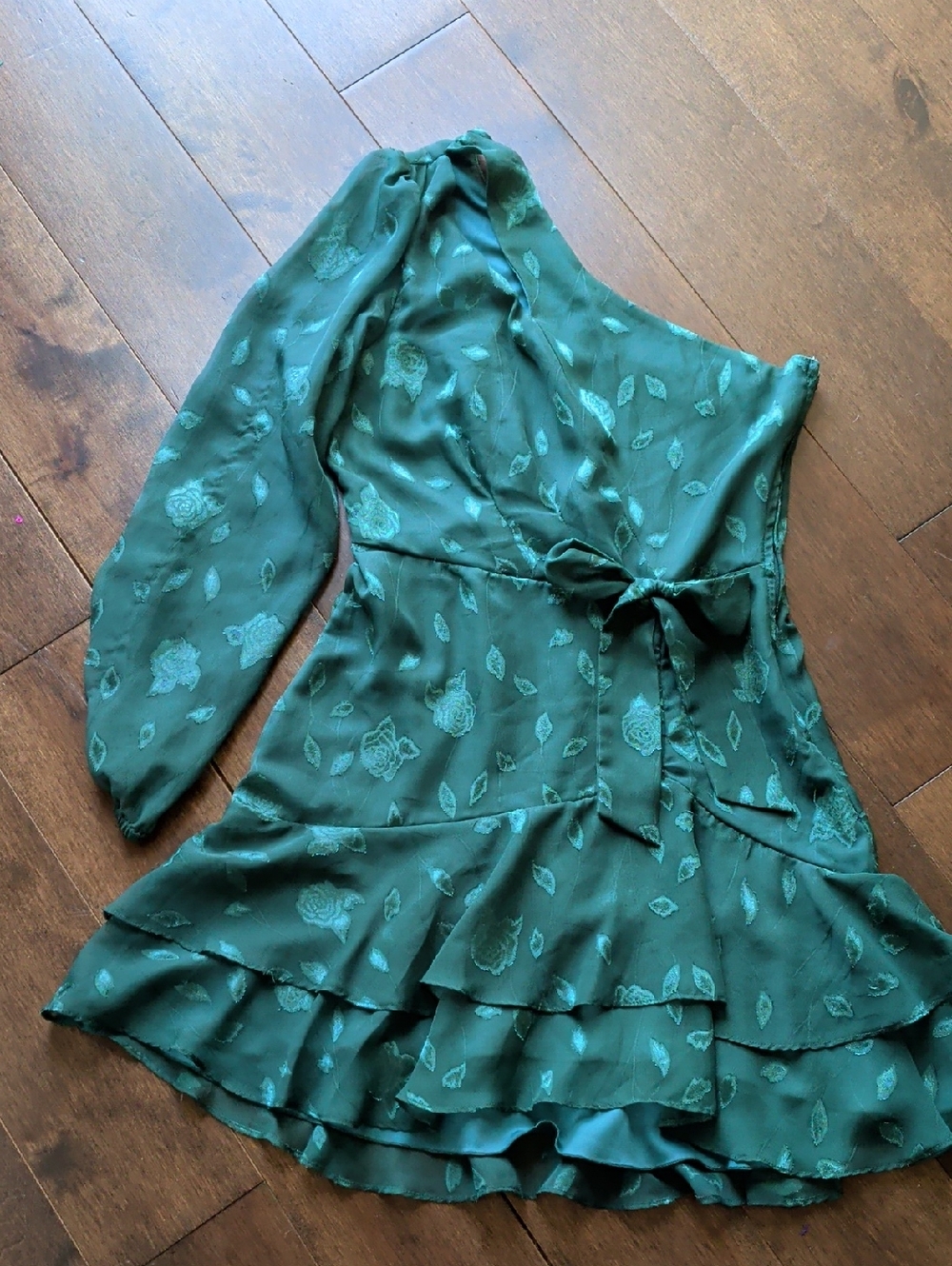 City Studio Emerald Green One-Shoulder Floral Wrap Dress